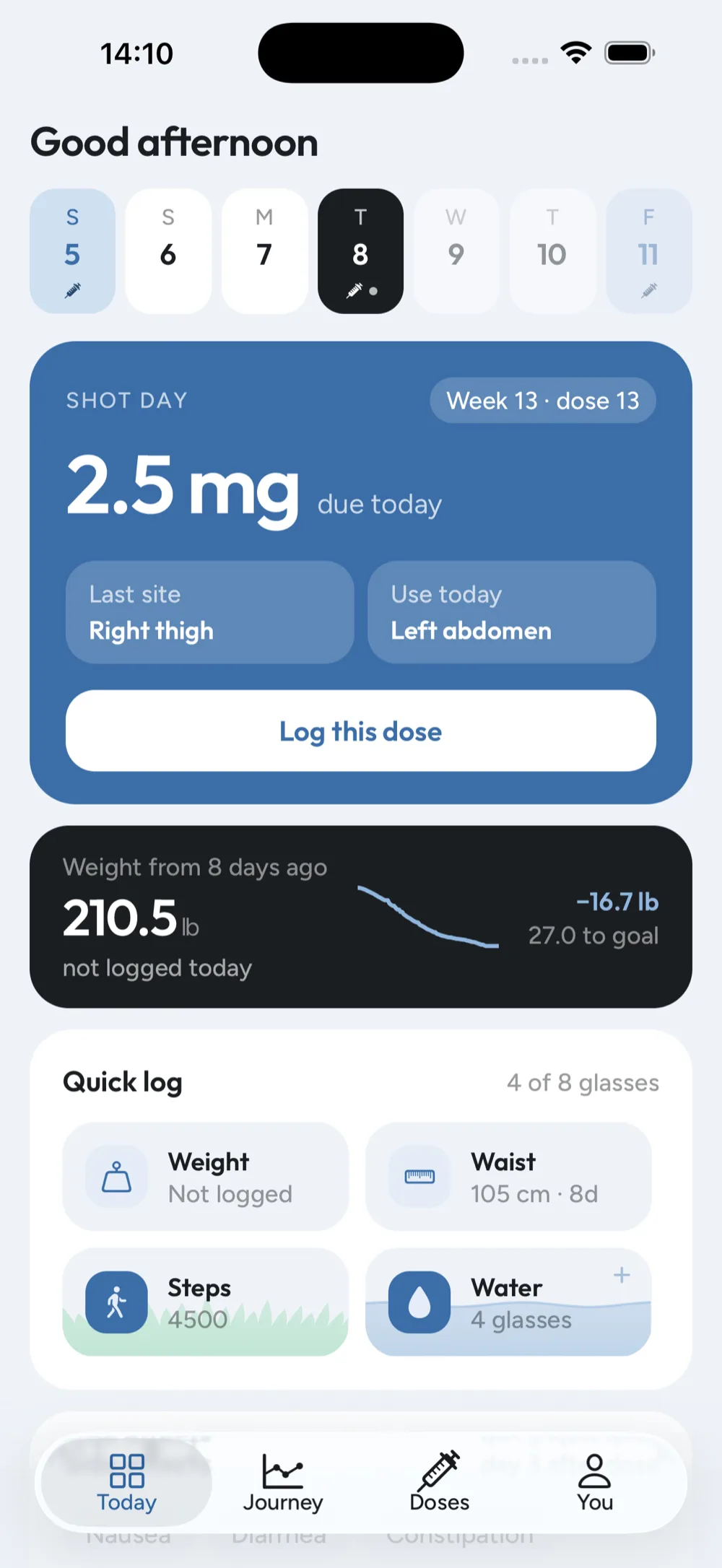 The Steadyway Today screen: the week with shot day marked, a card reading shot day, 2.5 mg due today, with the last site used and the one to use next, the weight trend, and quick-log tiles for weight, waist, steps and water.
