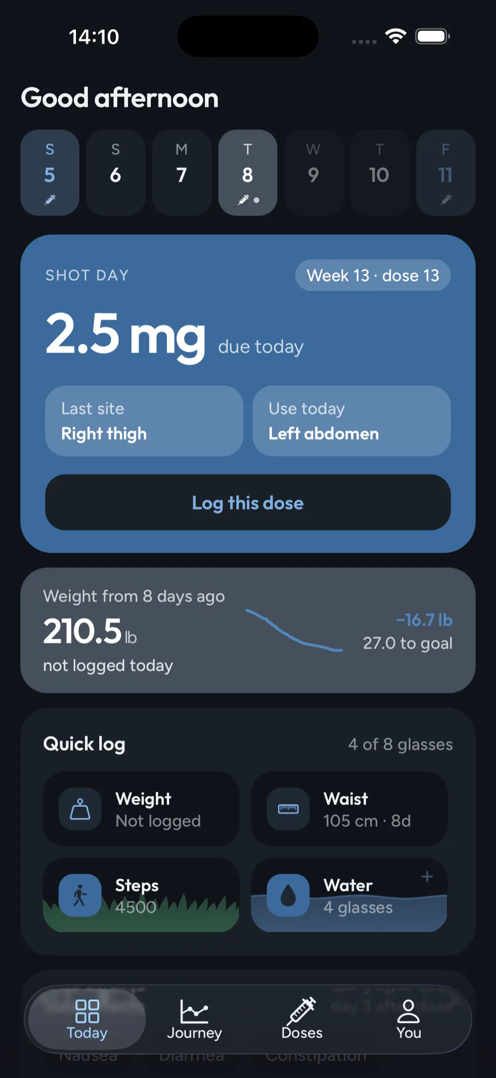 The same Today screen, the same moment, in dark mode.